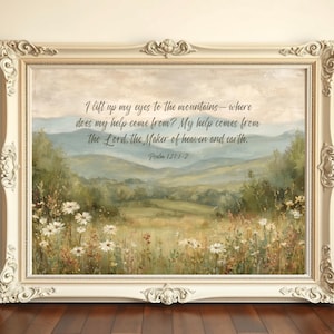 Psalm 121:1-2 Bible Verse Wall Art | My Help Comes From the Lord | Floral Mountain Landscape Print | Scripture  Printable | Christian Gift
