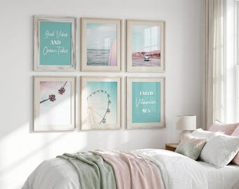 California Beach Wall Art Set of 6 Printable ~ Surfboard, Palm Trees, Ocean Quote Prints ~ Pastel Pink Aqua Coastal Decor ~ Summer Style