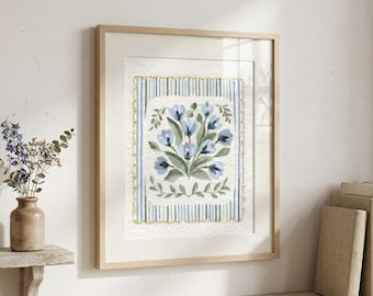 Blue Tulip Floral Art Print: Grandmillennial Cottagecore Style, Hand Painted Delicate Flower Art, Farmhouse Floral Decor, (Digital Download)