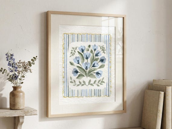 Blue Tulip Floral Art Print ~ Grandmillennial Cottagecore Style ~ Hand Painted Delicate Flower Art ~ Farmhouse Floral Decor ~ Digital Art