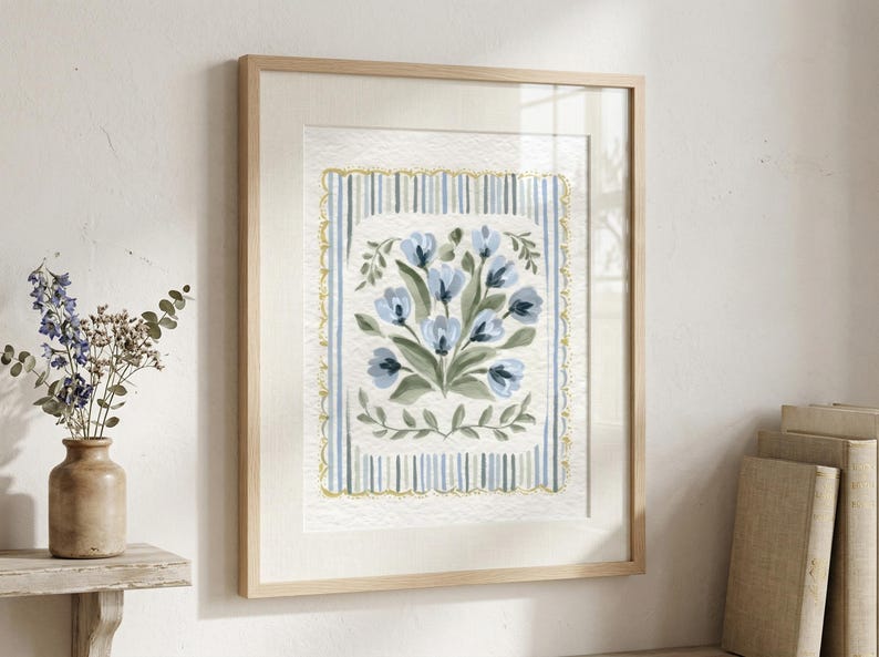 Lámina artística floral de tulipanes azules ~ Estilo Grandmillennial Cottagecore ~ Arte floral delicado pintado a mano ~ Decoración floral de estilo rústico ~ Arte digital imagen 1
