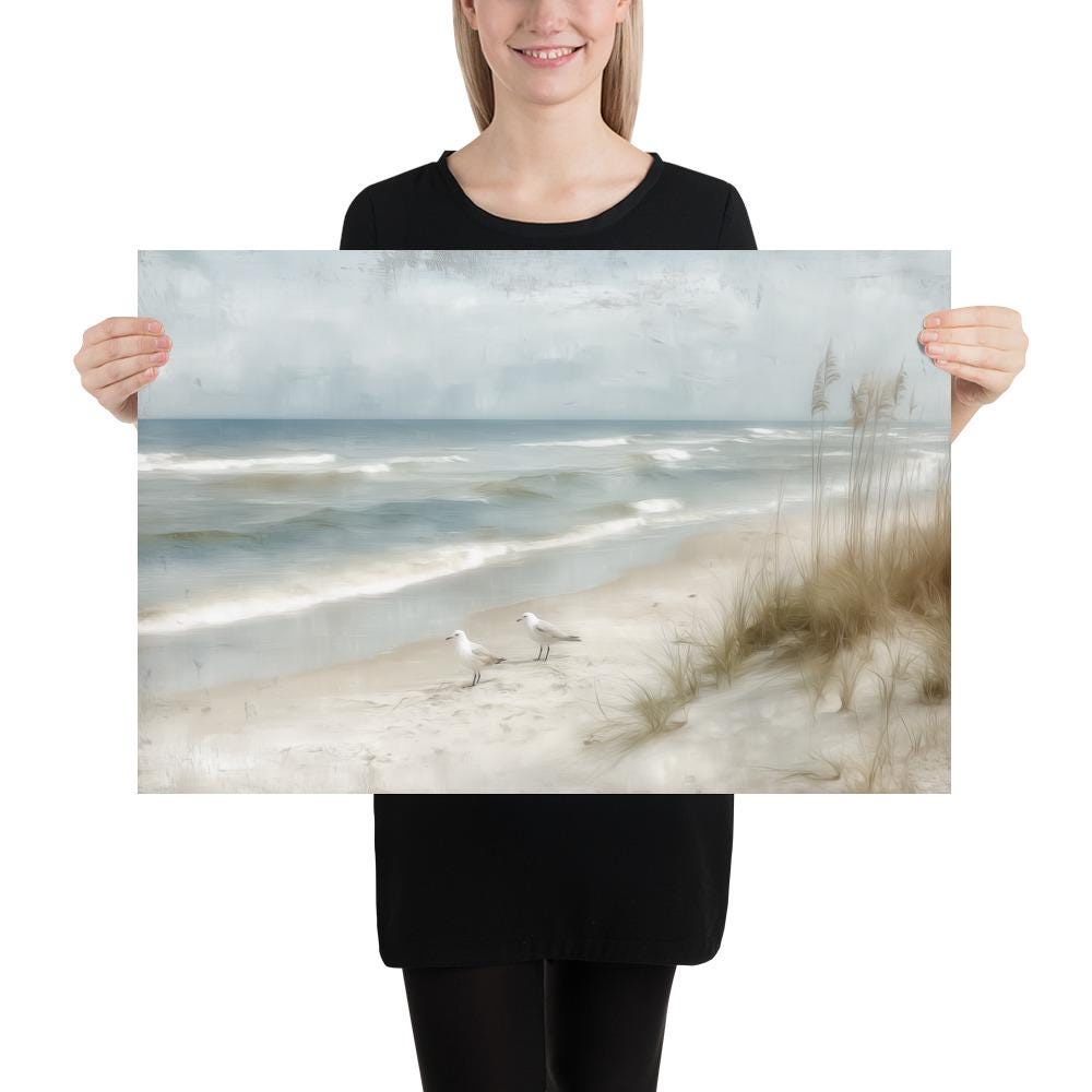 Serene Ocean Wall Art Print With Seagulls - Coastal Oil Painting Style ...