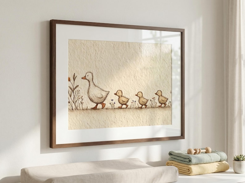 May include: Watercolor print of a mother duck and three ducklings walking in a line. The artwork is framed in a brown wooden frame and has a neutral color palette. The print is a charming addition to a nursery or child's room.