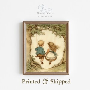 May include: A framed print featuring a vintage illustration of two children on a swing. The artwork depicts a boy and girl holding hands, with a tree and swing set in the background. The frame is a warm brown color.
