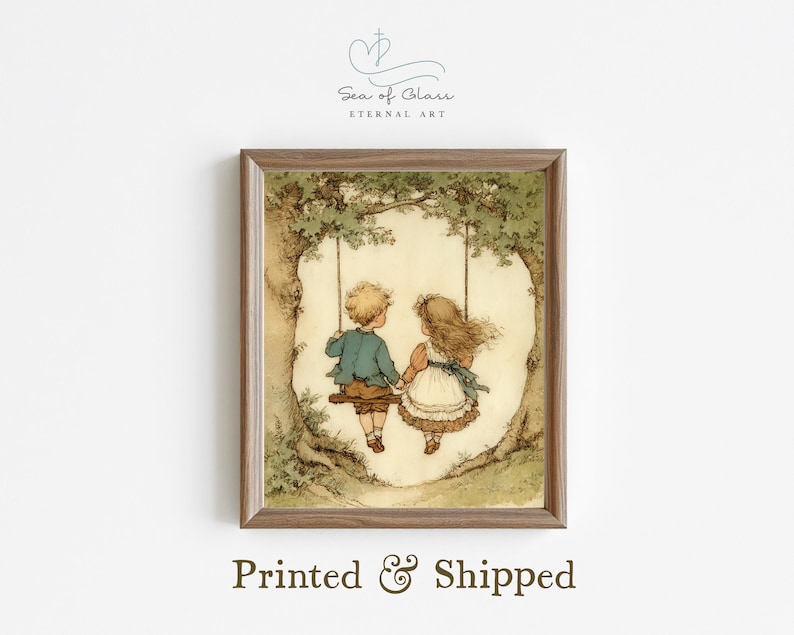 May include: A framed print featuring a vintage illustration of two children on a swing. The artwork depicts a boy and girl holding hands, with a tree and swing set in the background. The frame is a warm brown color.