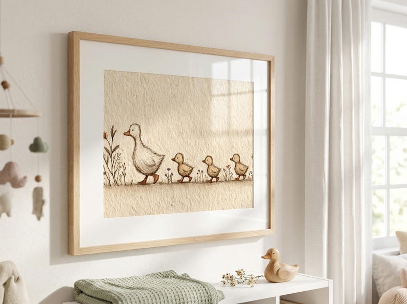 May include: A framed print featuring a watercolor illustration of a mother duck and her three ducklings walking in a line. The artwork has a neutral color palette with a beige background and a light wooden frame. The print is displayed in a nursery setting.