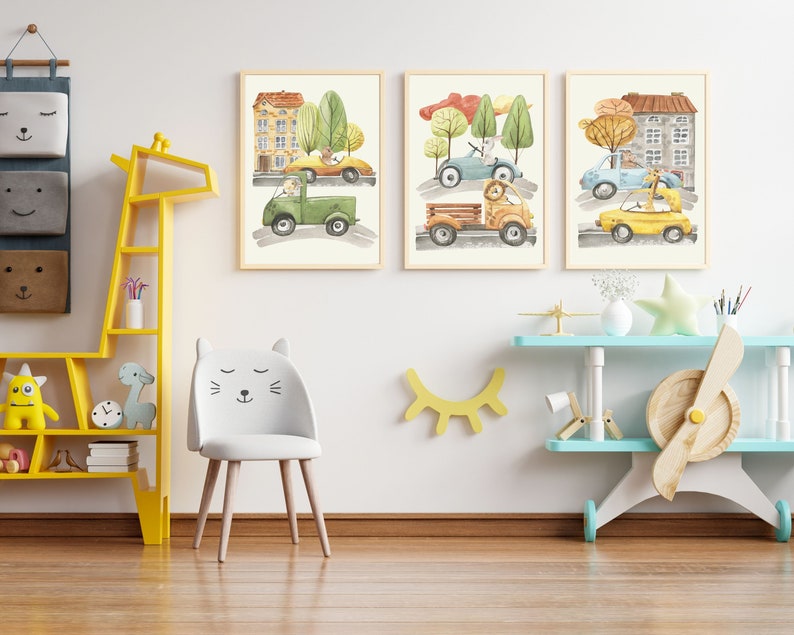 Car Nursery Decor Art Prints Animals Driving Trucks and Cars - Etsy