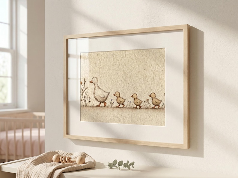 May include: A framed print featuring a watercolor illustration of a mother duck and her three ducklings walking in a line. The artwork has a neutral color palette with beige and brown tones, and is framed in a light wood frame.