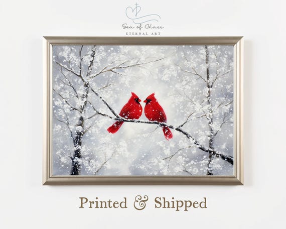 Red Cardinal Christmas Print, Rustic Bird Art Prints, Vintage Christmas Artwork, Country Farmhouse Holiday Decor Gifts, Winter Wall Poster
