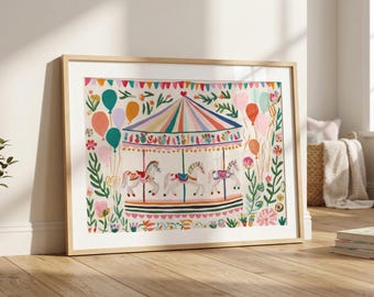 Carousel Nursery Art Print: Whimsical Carnival Print, Colorful Horse Art, Playroom Kids Room Decor, Printed on Museum Quality Paper