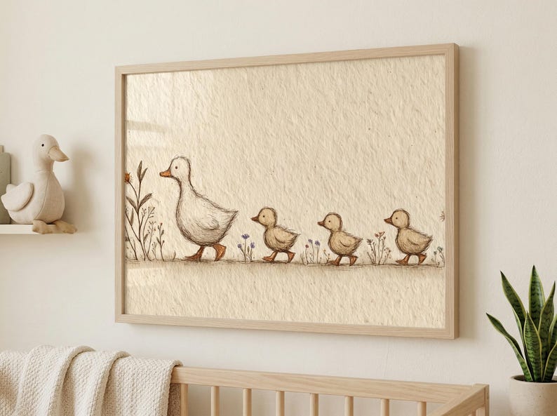 May include: A framed print featuring a mother duck and three ducklings walking in a line. The illustration is in soft brown and beige tones, with delicate floral accents. The artwork is displayed in a light wooden frame.