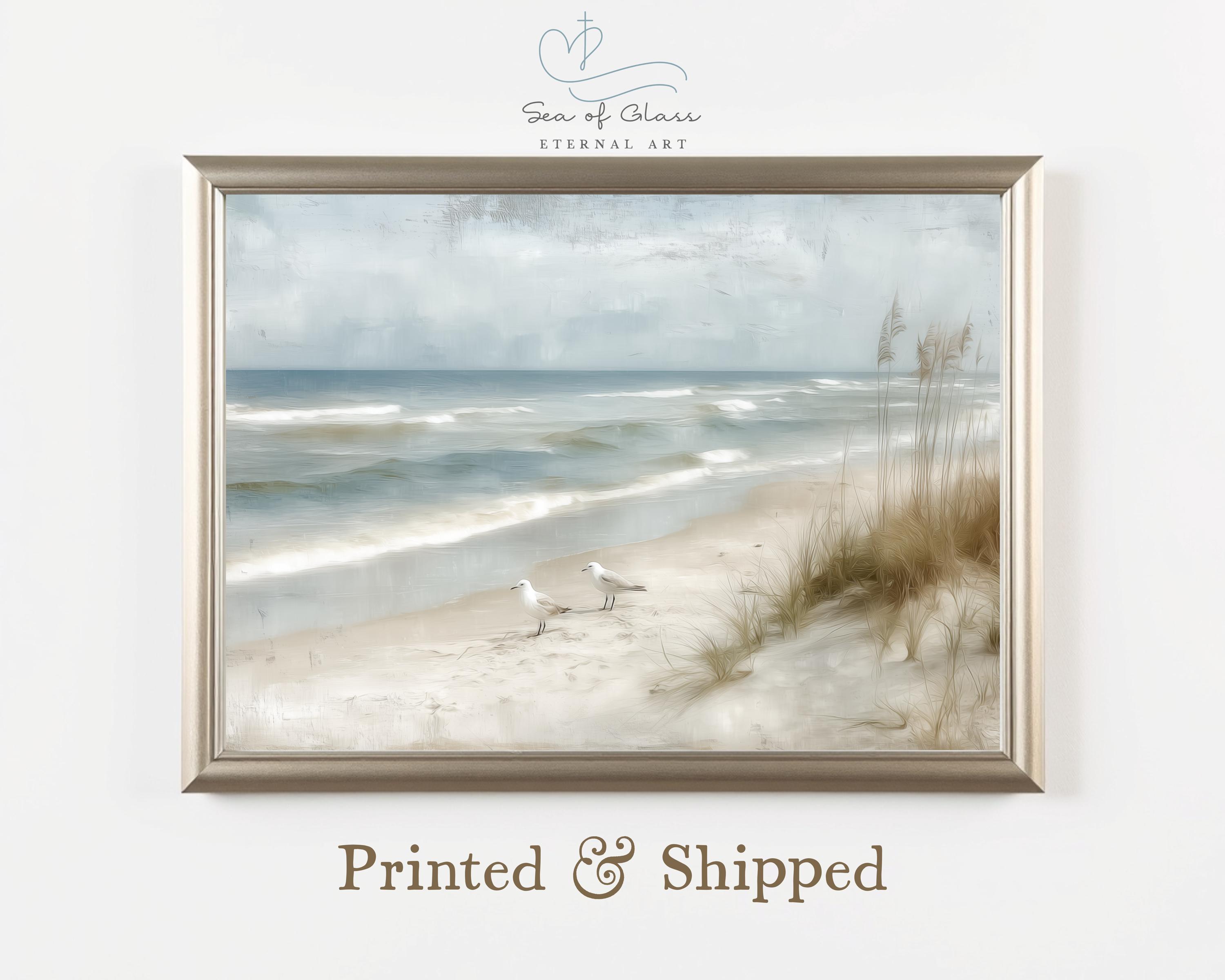 Serene Ocean Wall Art Print With Seagulls - Coastal Oil Painting Style ...