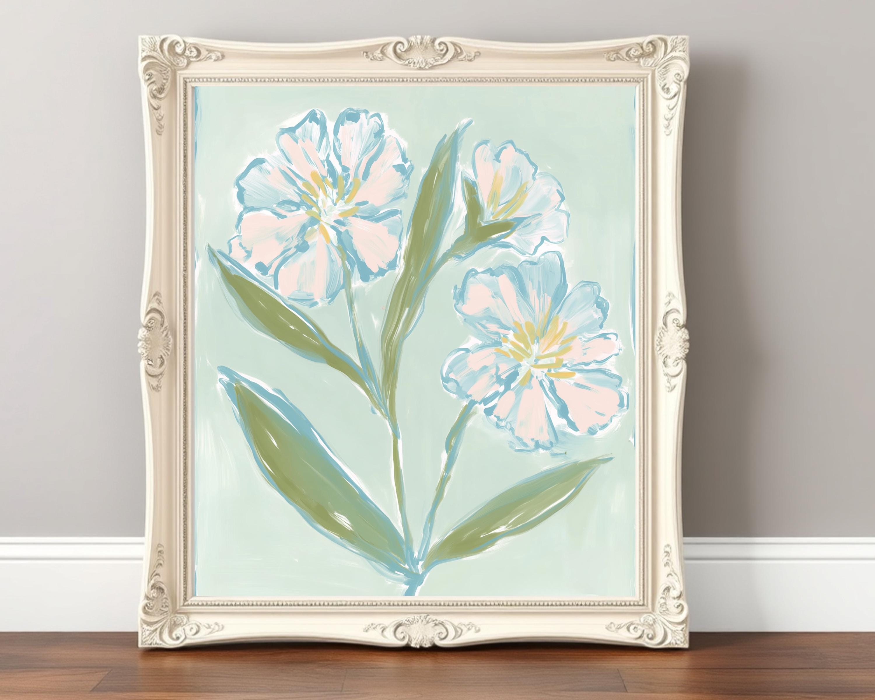 Soft Pastel Wildflower Print, Preppy Botanical Art, Painterly Floral Digital Download, Cottagecore Printable Artwork, Blue, Blush Flower Art