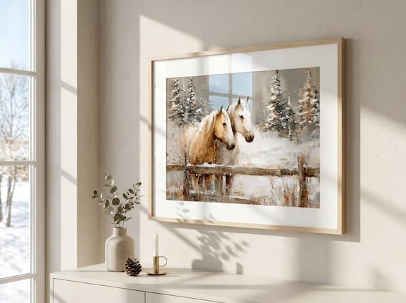 Horses In Snow Poster, Winter Horse Print, Horse Wall Art, Snowy Landscape Art, Housewarming Decor, Host Gift, Winter Animal Landscape Art