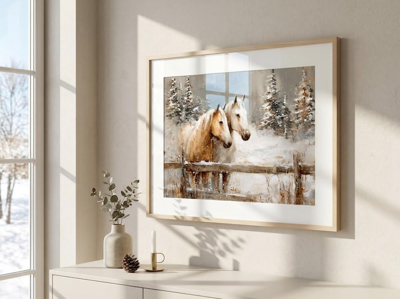 Horses In Snow Poster, Winter Horse Print, Horse Wall Art, Snowy Landscape Art, Housewarming Decor, Host Gift, Winter Animal Landscape Art image 1