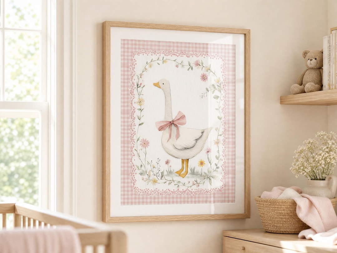 Floral Goose Nursery Wall Art - Vintage Pink Baby Girl Room Decor ...