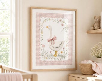 Floral Goose Nursery Wall Art - Vintage Pink Baby Girl Room Decor, Cottagecore & Farmhouse Nursery Print, Baby Shower Gift, Storybook Print