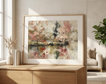Abstract Landscape Print, Blush Pink Impressionist Tree Painting, Pastel Abstract Art Print, Modern Nature Wall Decor, Neutral Home Art