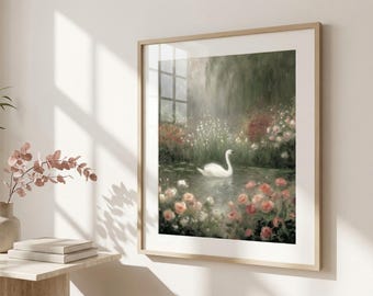 White Swan Print, Impressionist Cottagecore Wall Art, Swan Painting, Swan Art Print, Moody Art, Swan Love Poster, Swan Themed Wedding Print