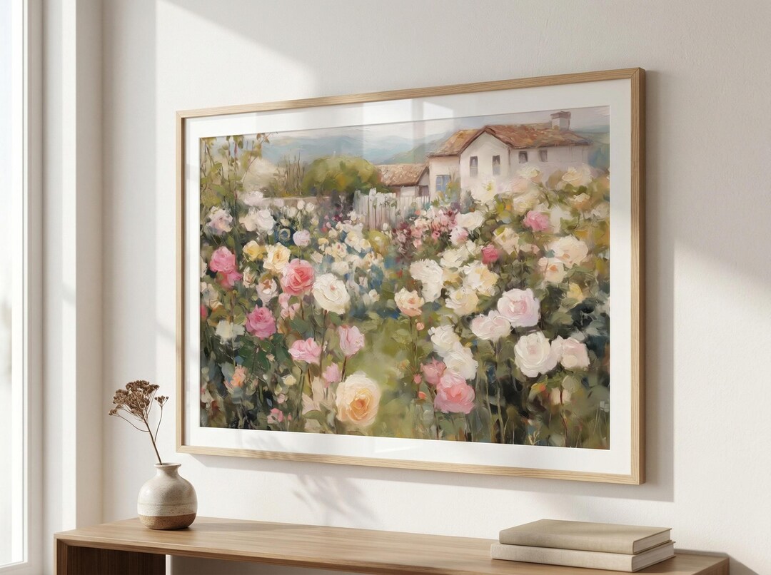 English Rose Garden Cottage Print: Vintage Floral Landscape, Romantic ...