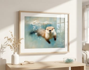 Otter Swimming Art Print - Whimsical Coastal Nursery Decor - Baby Otter Wall Print - Otter Poster for Kids Room Decor - Wildlife Print