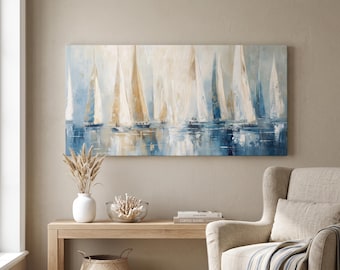 Abstract Sailboat Canvas Wall Art | Coastal Blue Nautical Decor | Modern Ocean Painting Print | Large Horizontal Seascape Canvas