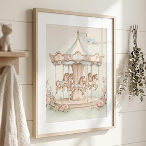 Sztuka z koniem na karuzeli w stylu vintage: pastelowa dekoracja pokoju dziecięcego, bajkowa sztuka ścienna do pokoju dziecięcego (do pobrania w wersji cyfrowej)