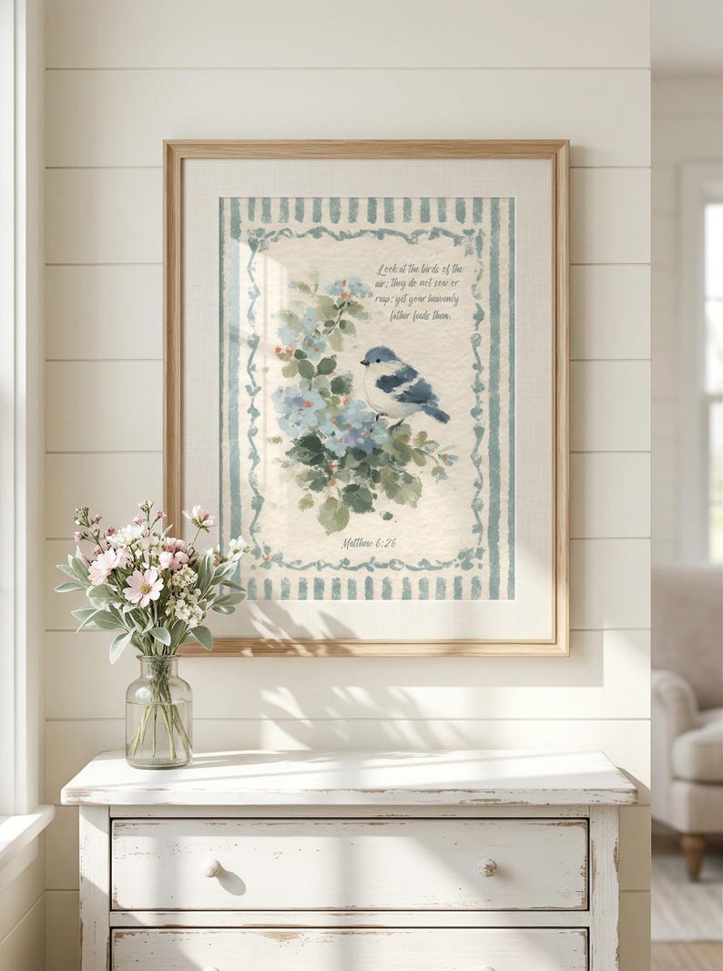 Cottage Scripture Image Bluebird Watercolor Scripture Print - Matthew 6:26 Nursery Decor ...