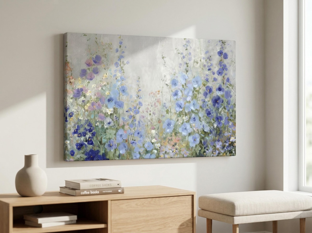 Blue Wildflower Meadow Canvas Print - Romantic Cottage Floral Wall Art ...