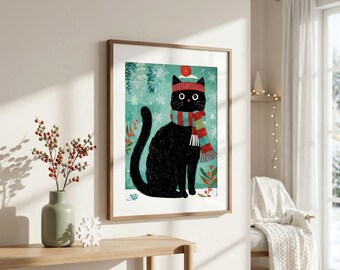 Impresión de gato negro navideño, arte mural navideño de invierno, arte navideño de gato rojo, decoración navideña, estilo invernal, arte mural navideño de gato, Navidad