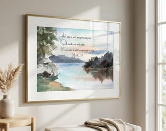 Matthew 7:7  Christian Watercolor Rustic Art Printable | Mountain Lake Landscape | DIGITAL PRINT