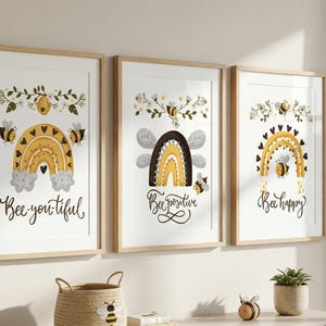 Bee Wall Art Set of 3 Printable ~ Cute Bee Rainbow Nursery Decor for Girls Room | Inspirational Quotes ~Bee Positive Bee Happy Kids Room Art