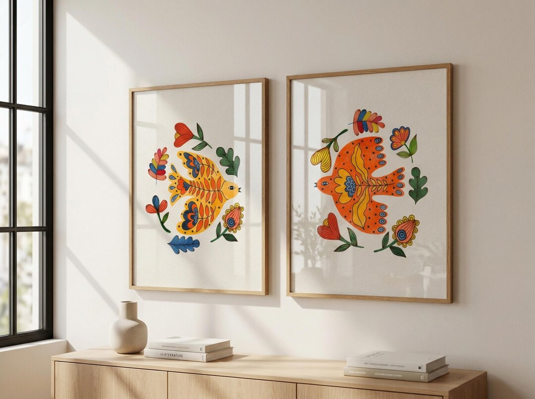 Scandinavian Folk Art Bird Prints ~ Set of 2 Swedish Folk Birds