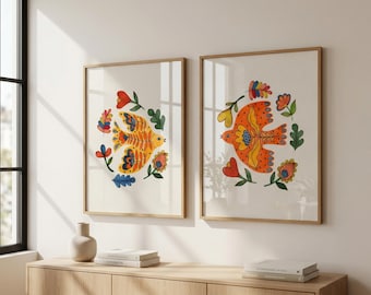Scandinavian Folk Art Bird Prints ~ Set of 2 Swedish Folk Birds ~ Colorful Folk Wall Art for Home (Instant Download) - Spring Renovation