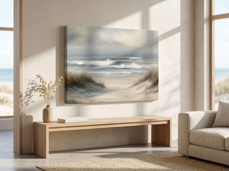 Vintage Coastal Beach Canvas Art, Serene Ocean Print, Sand Dune Artwork, Pastel Beach House Decor, Summer Beach House Print, Beach Canvas image 1