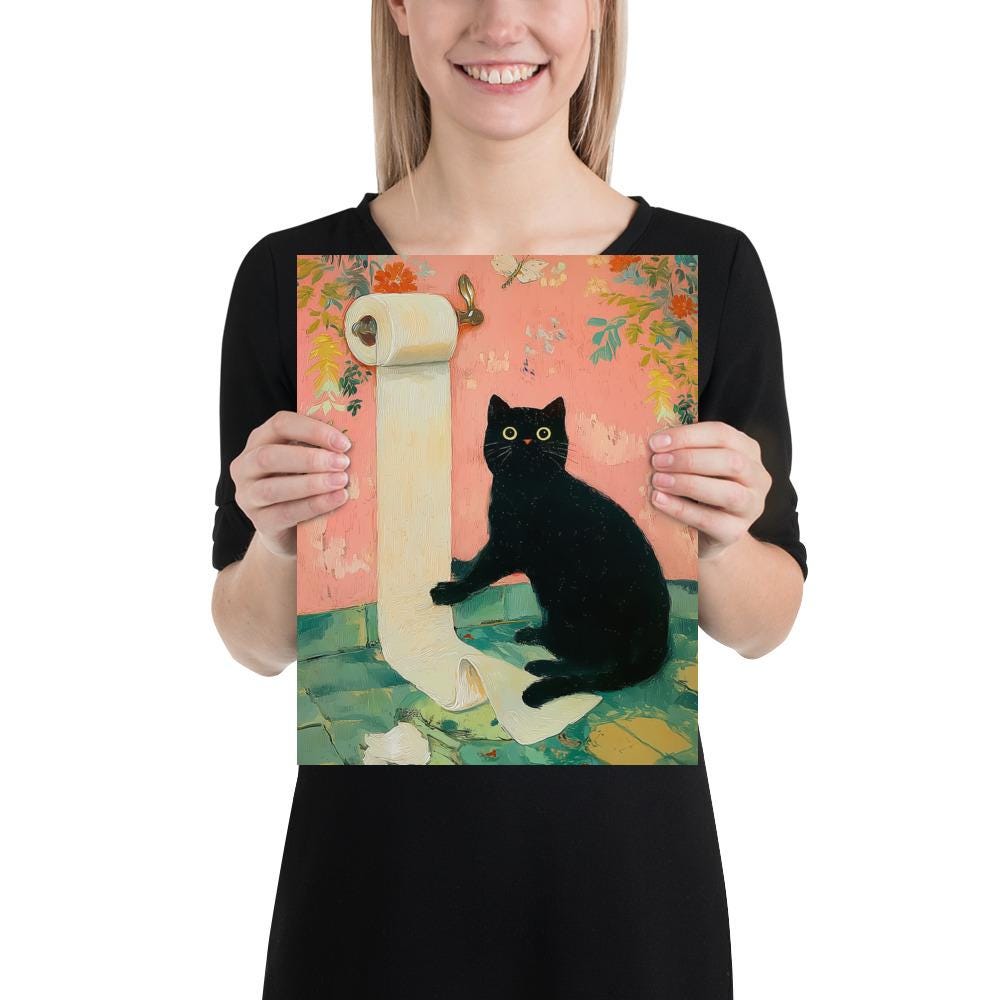 Bathroom Wall Art - Funny Black Cat Toilet Paper Print, Silly Cat Print ...