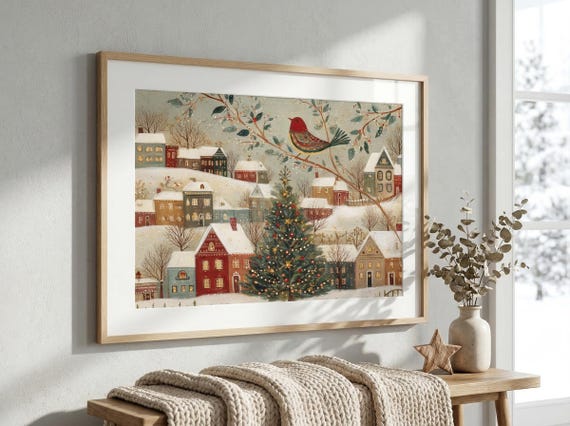 Folk Art Christmas Village Print, Nostalgic Winter Scene, Cozy Wall Decor, Christmas Gift For Host, Housewarming Gift, Winter Landscape Art
