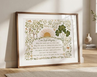 Irländsk välsignelsekonsttryck, keltisk väggdekoration, vintage irländsk böneposter, kristen irländsk heminredning, Cottagecore Irland-tryck
