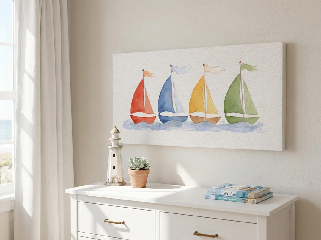 Watercolor Sailboat Nursery Canvas, Coastal Kids Wall Art, Nautical ...