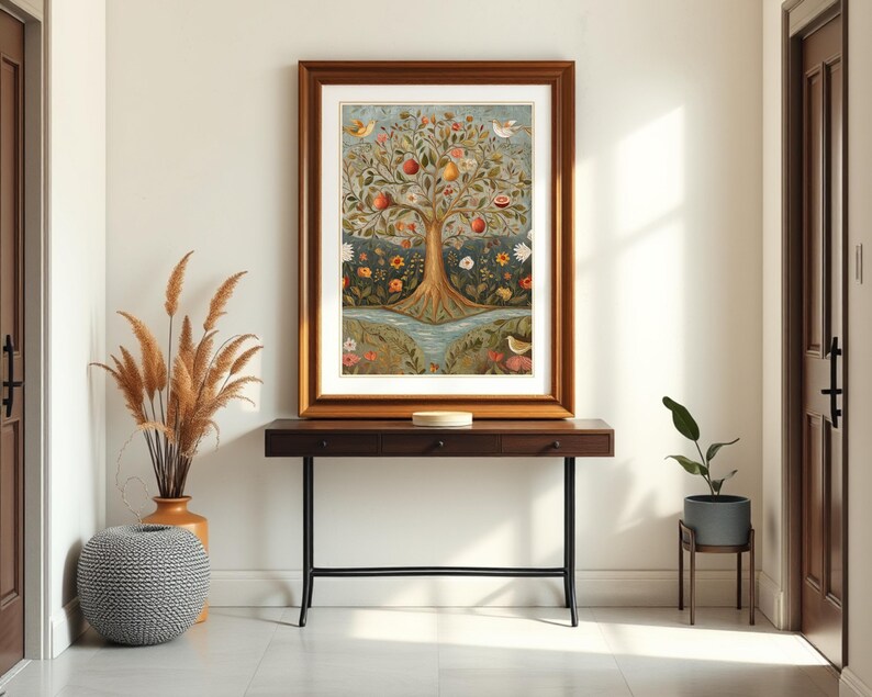 May include: A framed print of a colourful painting depicting a tree with fruit and birds. The tree is surrounded by flowers and a stream. The print is hanging on a white wall above a dark brown console table with black metal legs.
