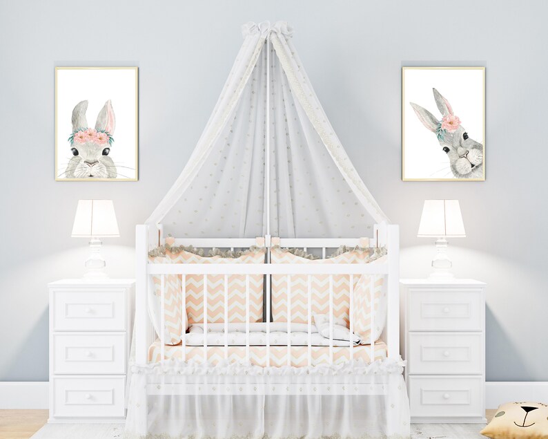 Bunny Rabbit Nursery Wall Decor Set of 2 DIGITAL PRINTS Nursery Wall