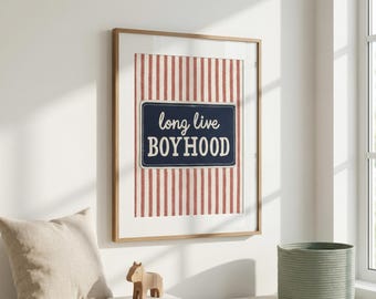 Long Live Boyhood Nursery Wall Art Print, Vintage Americana Boys Room Decor, Stitched Patch Style Kids Wall Art, Baby Shower or Toddler Gift