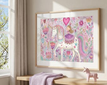 Whimsical Unicorn Wall Art for Girls Room, Magical Fairy Tale Nursery Print, Pastel Fantasy Unicorn Art, Girl Playroom Decor, Unicorn Art