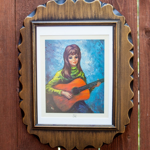 Guitarist ~ Framed Lithograph Print by Maio / Vintage Oval-Shaped Frame by A.W.C. Inc., Brooklyn, NY / Beveled Matt  Border / Kitsch Art