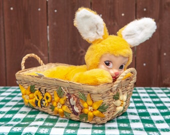 Mid-Century Yellow Plush Rubber Face Bunny Doll by Ideal Toy Corp. / Rushton-like Design / Kitschy Collectible Vintage Doll