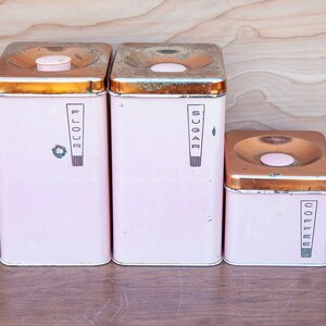 Set of 3 Mid-Century Pink and Rose Gold Kitchen Canisters by BeautyWare / Flour, Sugar, Coffee Containers / Kitchen Accessory & Decor