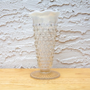 Moonstone Clear Opalescent Trumpet Vase by Anchor Hocking / 5.5-inch Tall / Vintage Collectible Art Glass with Ruffled Rim