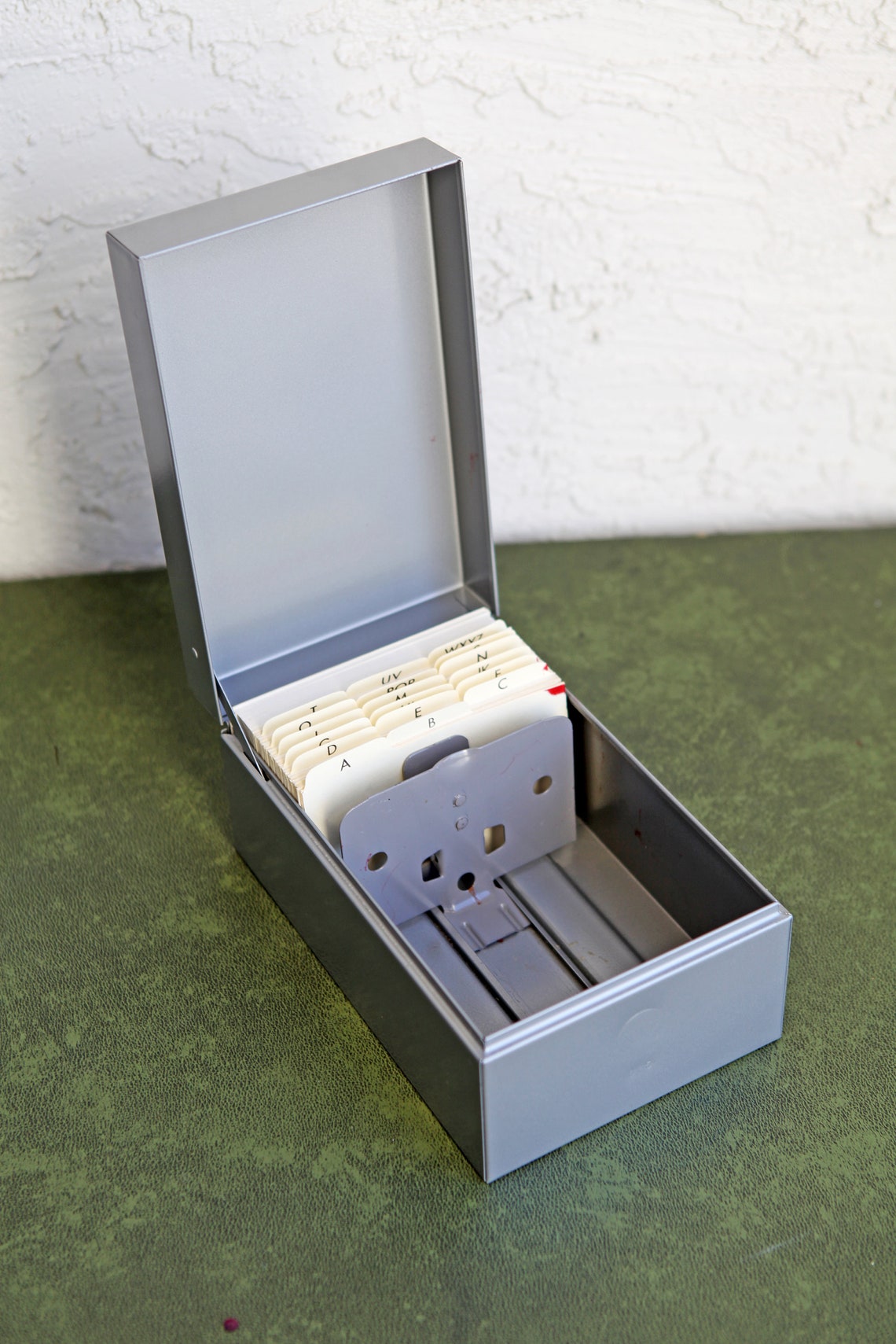 Gray Metal Storage Box With Alphabetical Card Dividers / Vintage