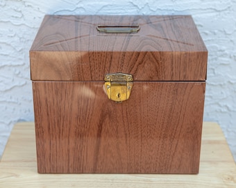 Metal PORTA FILE Box with Faux Wood Grain Print by Ballonoff / Includes Latch and Key / 10.25" x 12.5" x 9" / Vintage  Storage Container
