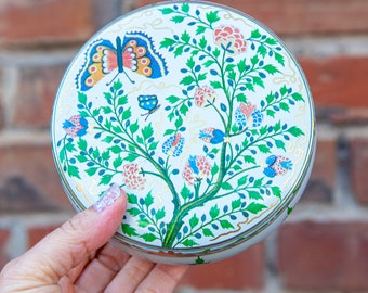 Beautiful Brazilian Tin with Butterflies, Pineapples, and Floral Design / Manufactured by Meister / Vintage Round Powder Tin Box